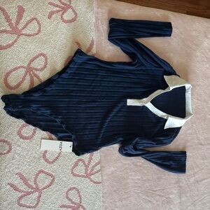 Navy Blue Ribbed Bodysuit with White Collar